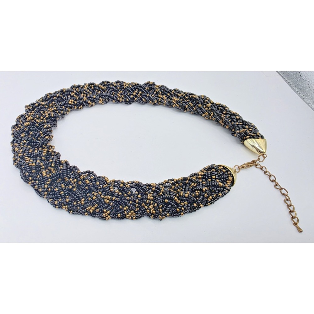 Black & Gold Necklace Seed Bead Braided Chocker Necklace 18-20.75" Adjustable - Picture 7 of 8